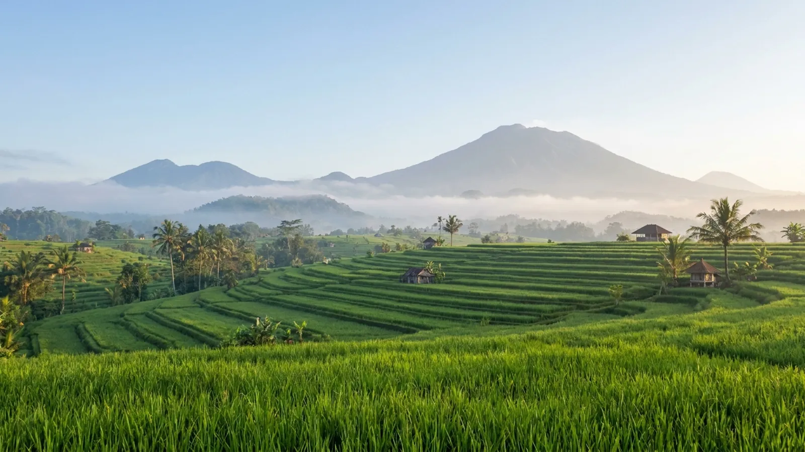 Serene Balinese landscape with lush green rice paddies, distant mountains, and a clear blue sky, evoking a sense of calm and natural beauty.