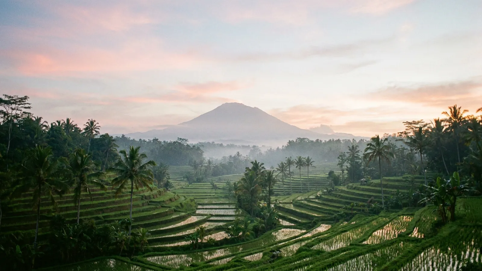 Serene Bali landscape with lush rice paddies and distant volcanoes at sunrise, evoking peace and natural beauty.