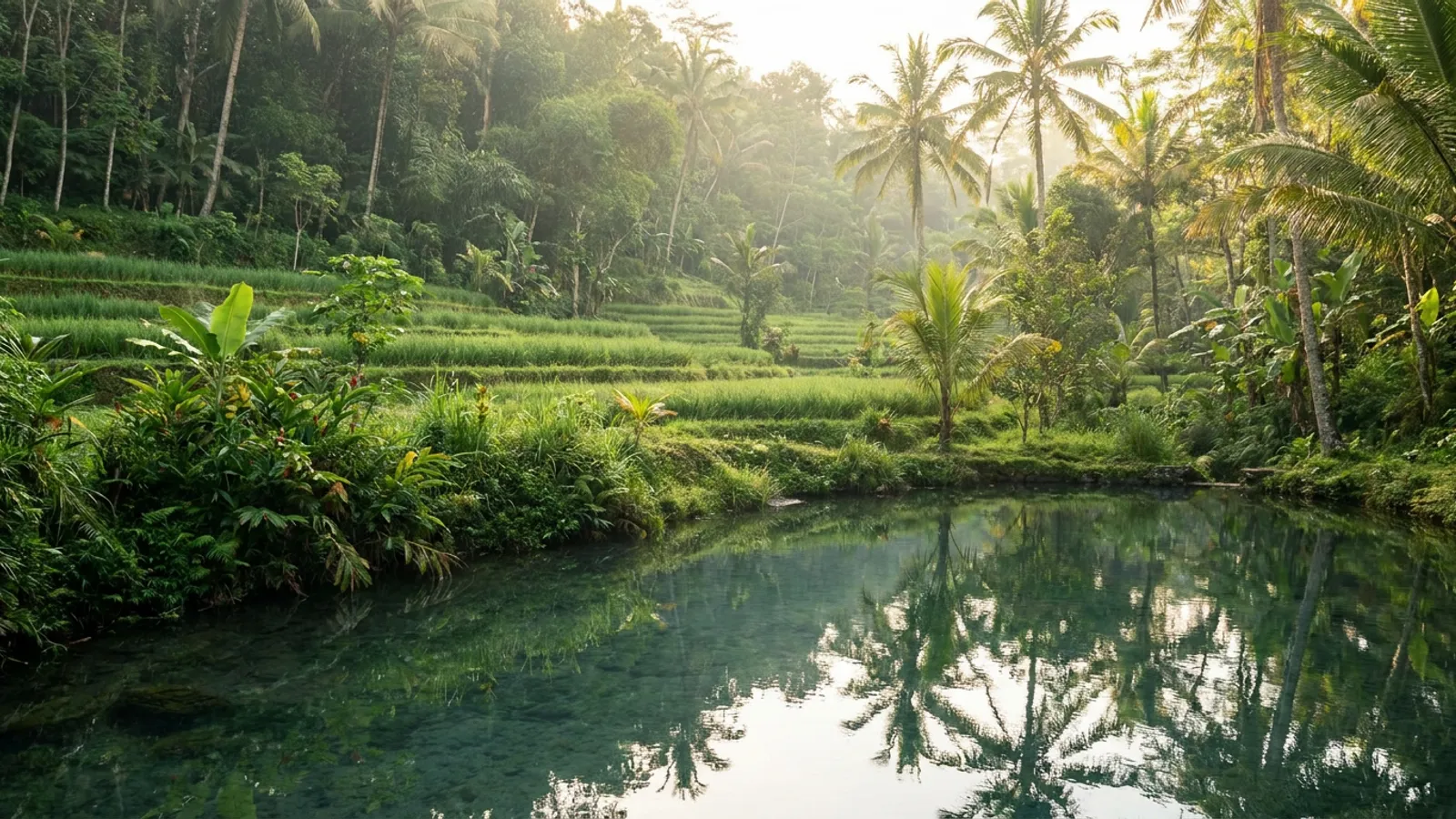 Serene Balinese landscape with lush greenery and a calm body of water, evoking peace and reflection.