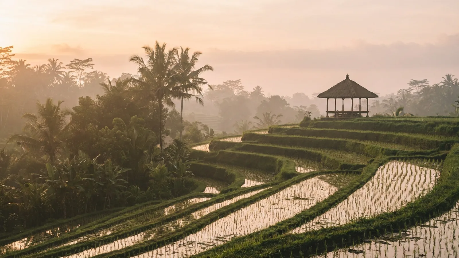 A tranquil Balinese rice terrace at sunrise, with mist rising and lush green foliage, suggesting peace and renewal.