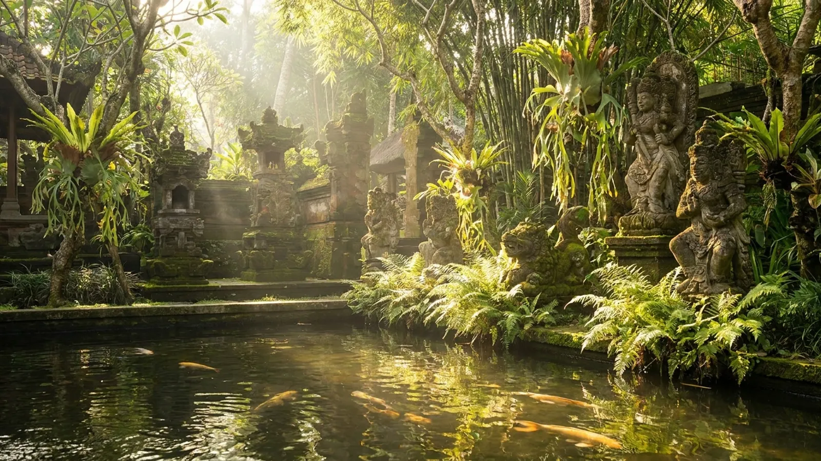 Serene Balinese temple garden with lush greenery and a calm reflection pool, signifying peace and healing.