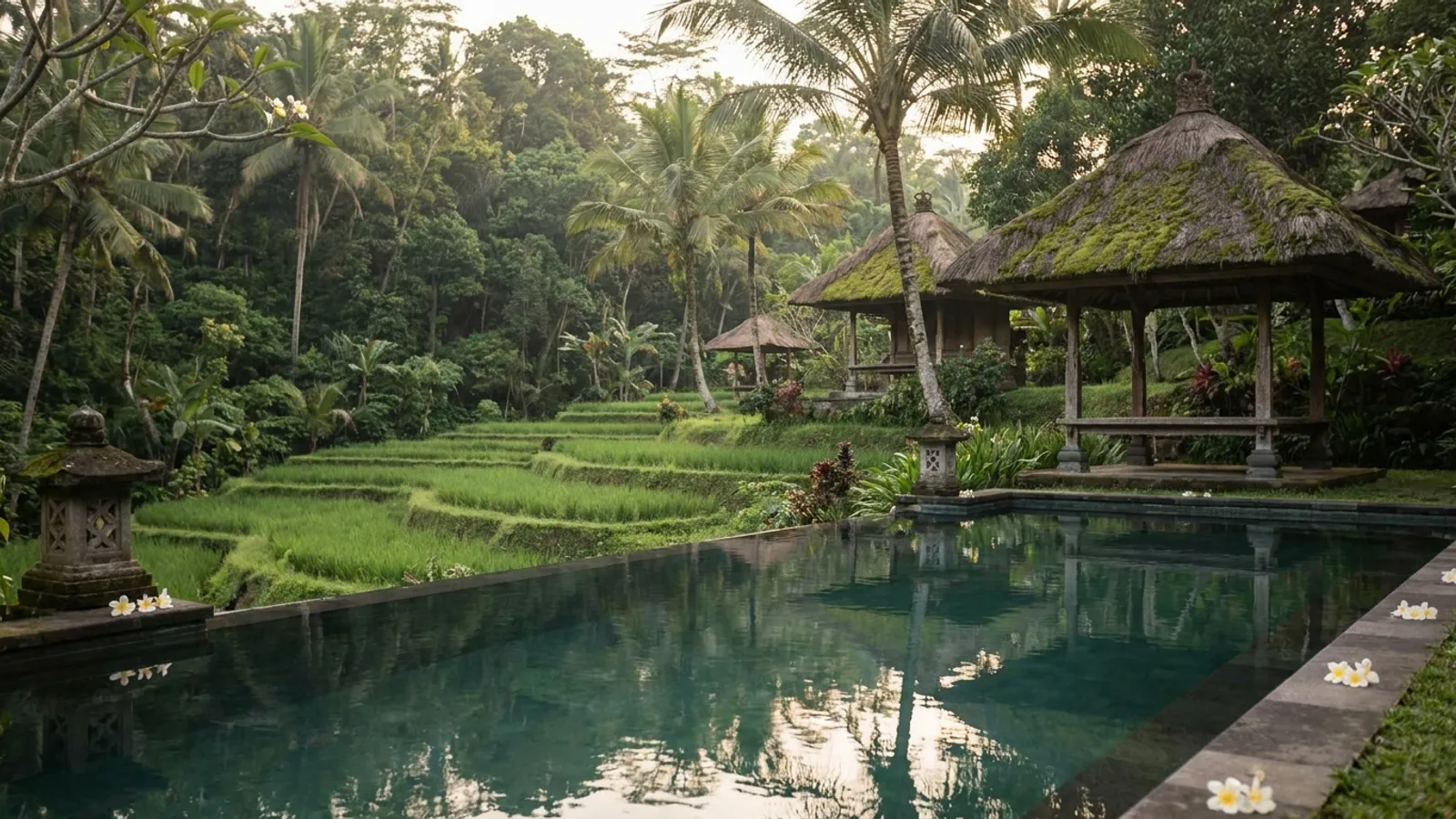 Serene Balinese landscape with lush greenery, a tranquil pool, and hints of traditional architecture, bathed in soft morning light.