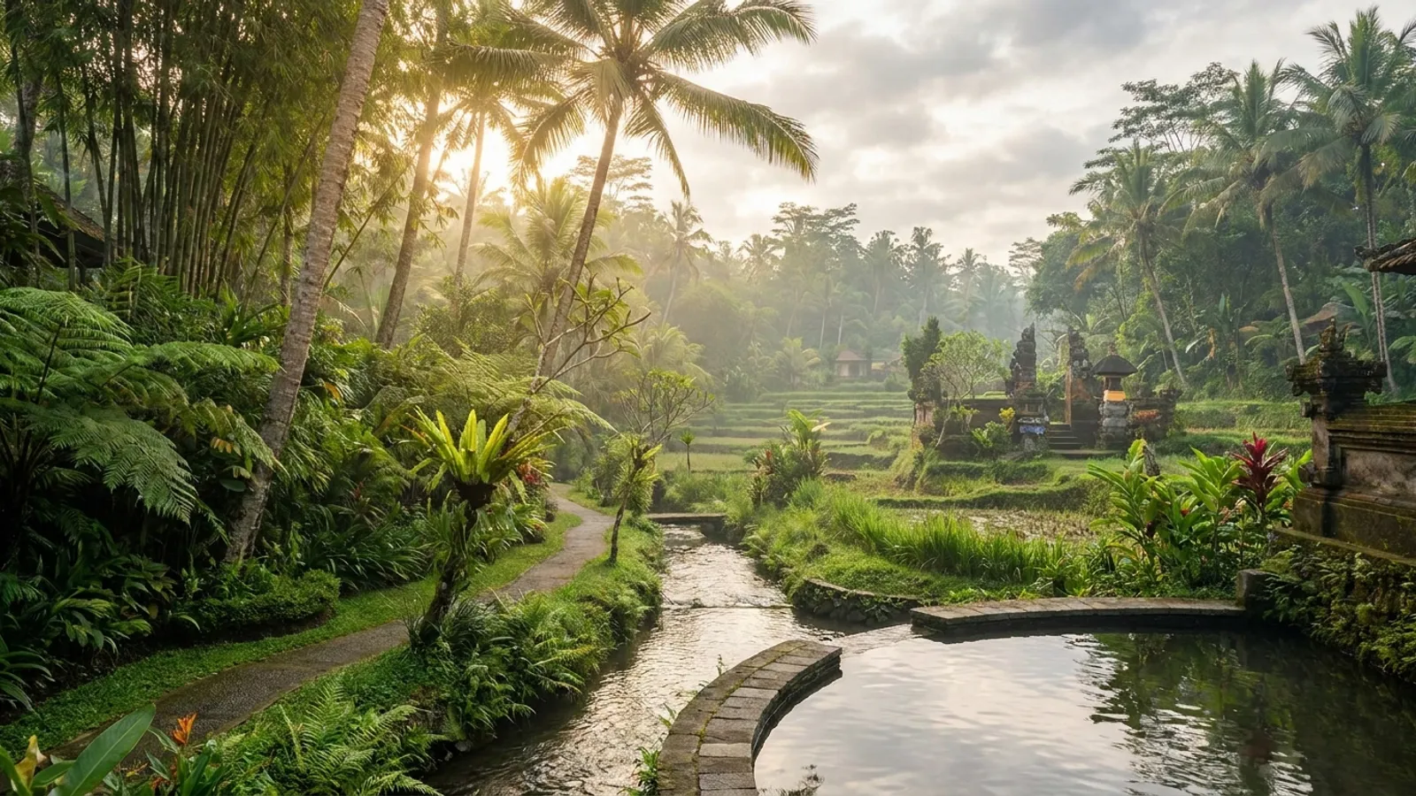 Calm, natural setting in Bali, sun filtering through trees onto water, implying tranquility and healing.