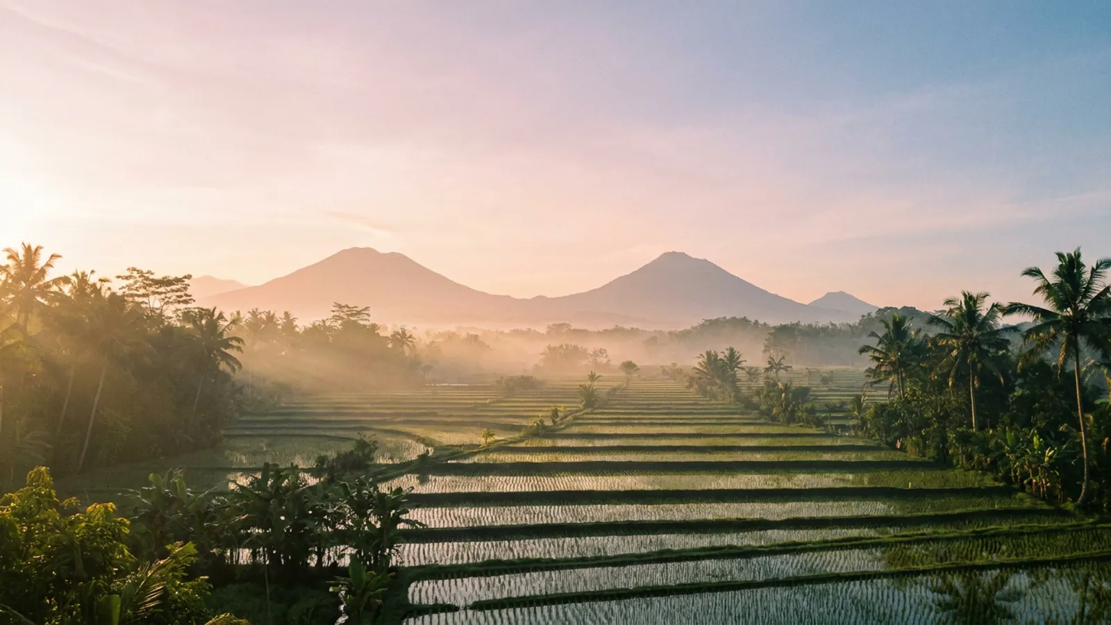 Serene Balinese landscape with lush rice paddies, distant mountains, and a clear sky, evoking peace and wellness.